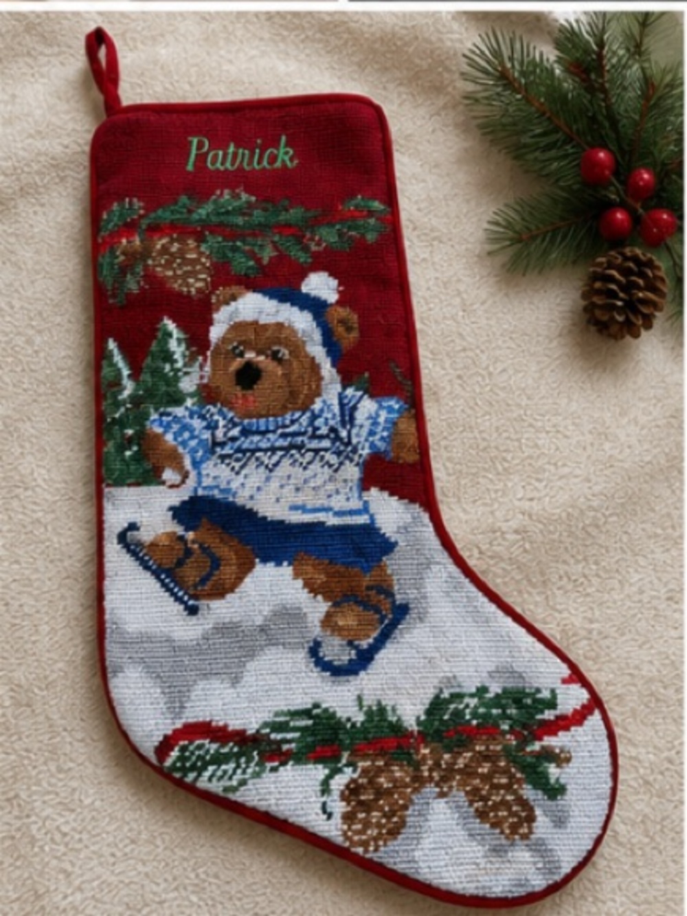 L.L. Bean Needlepoint Christmas Stocking Patrick Teddy Bear Ice Skates VTG
